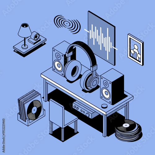 Isometric illustration of a home recording studio setup with audio equipment and vinyl records.