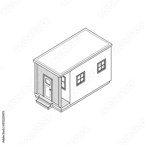 Simple line drawing of a small house or shed with a porch.
