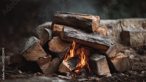 Wallpaper Mural Cozy Campfire Scene with Logs and Flames for Outdoor Relaxation, Camping and Gathering Activities near Stone Wall Torontodigital.ca