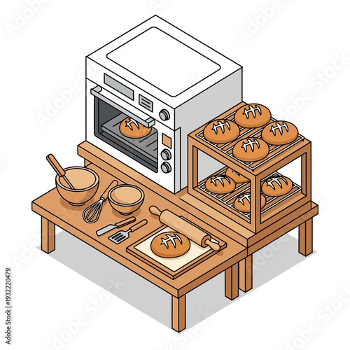 Baking bread in a modern kitchen with oven and utensils.