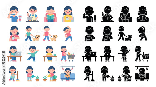 Collection of flat design icons illustrating daily life activities and routines of people, shown in both color and silhouette.