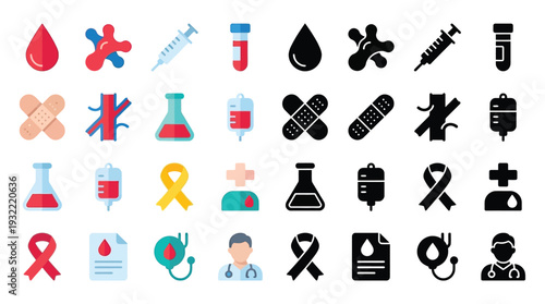 A collection of medical and healthcare-related icons, including blood drops, syringes, test tubes, bandages, and medical professionals.