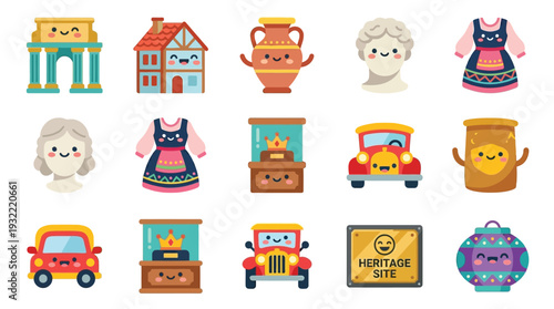 A collection of cute, kawaii-style cartoon icons representing historical landmarks, artifacts, and cultural elements, perfect for educational or travel-themed designs.