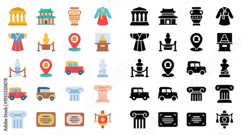 Collection of colorful and silhouette icons representing historical landmarks, cultural artifacts, and transportation, suitable for travel and museum-related content.