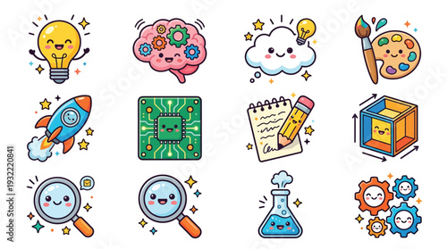 A vibrant collection of cute, kawaii-style icons representing creativity, learning, and STEM fields, featuring a lightbulb, brain, rocket, and art supplies.