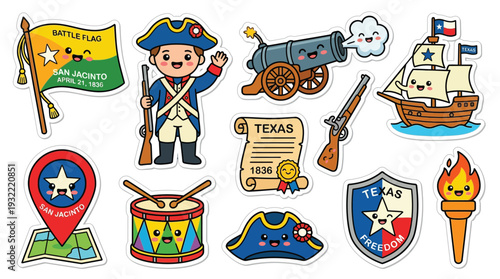 Collection of cute, kawaii-style illustrations depicting historical Texas symbols and figures, including a soldier, flag, cannon, ship, and map.