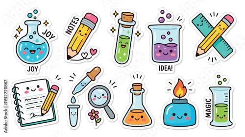 Cute Kawaii Science and School Supplies Stickers Featuring Beakers, Test Tubes, Pencils, Notebooks, and Magnifying Glasses with Happy Faces.