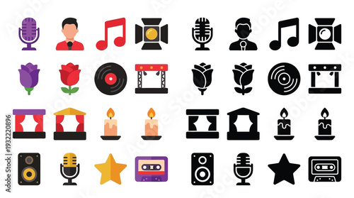 Collection of colorful and monochrome icons representing music, performance, and entertainment elements.