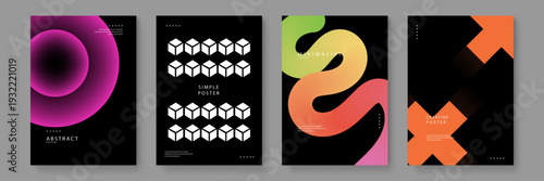 Collection of four abstract minimalist posters featuring vibrant gradients geometric shapes and bold typography on black background