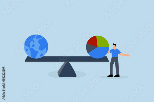 Global investment asset allocation, Businessman managing funds maintains equilibrium between pie chart and globe or world