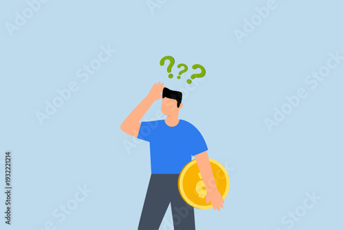 Money question, Entrepreneurial investor contemplating investment while holding coin of money