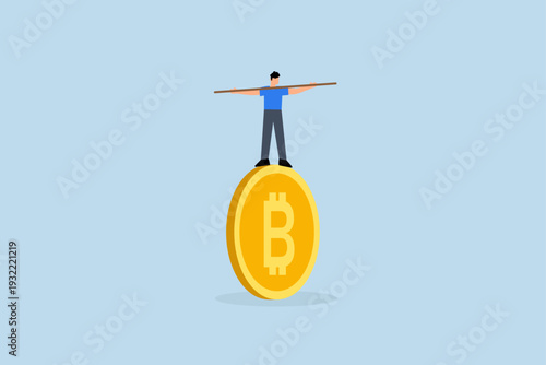 Bitcoin and crypto investment risk, Businessman investor performing like a tightrope walker on massive bitcoin