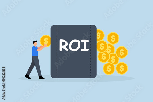 ROI, Businessman puts money coins into ROI box to receive profit in return