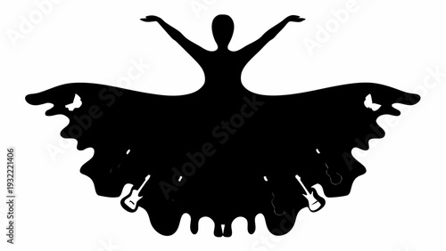 Dramatic dancer in motion with flowing skirt and raised arms
