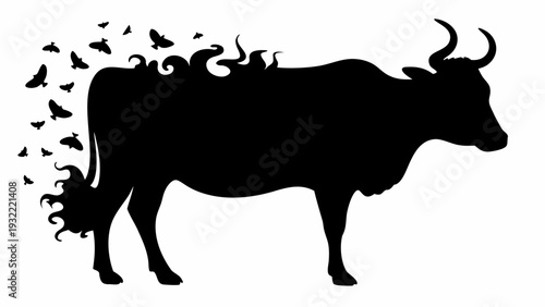 Cow silhouette with fish transforming into birds