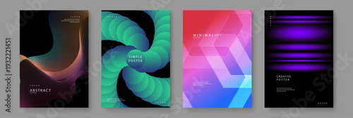 Set of four unique poster designs ranging from fine line art to 3D spheres and bold geometric shapes in vibrant colors