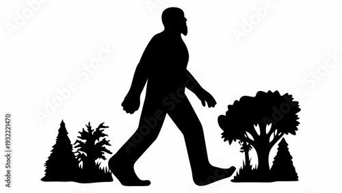 Silhouette of Bigfoot walking through forest with trees