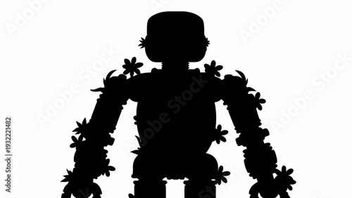 Vibrant robotic figure adorned with blooming flowers