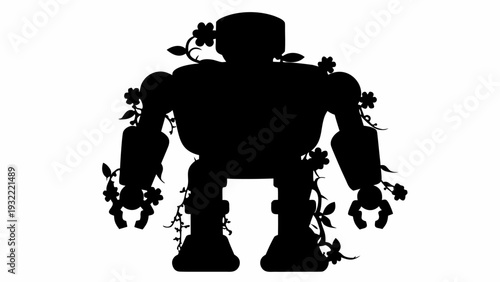 Vibrant robot sculpture with blooming floral vines entwined