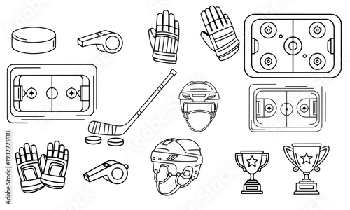 Ice Hockey Outline Icon Set – Stick, Puck, Gloves, Helmet and Rink Vector Collection