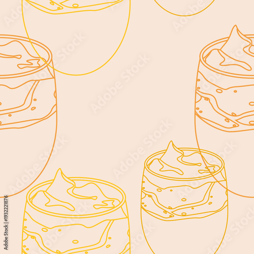 Editable Outline Style Top Side View Korean Dalgona Coffee Vector Illustration in Bulbous Glass Mug as Seamless Pattern for Creating Background of Cafe and Beverage Related Design