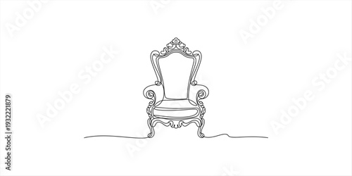 Minimalist black and white line drawing of an ornate royal throne armchair on white background.