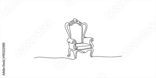 Minimalist continuous line drawing of a royal throne with ornate details on a white background