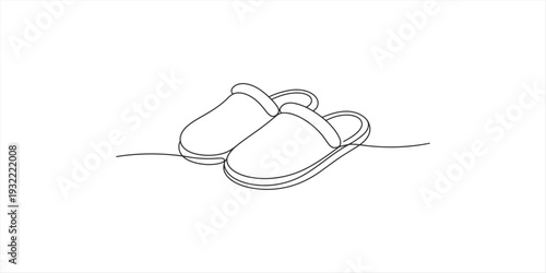 Simple line drawing of a pair of comfortable house slippers on a white background