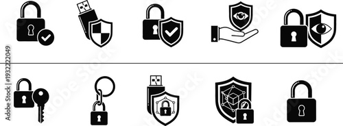 Cyber security and data protection icons set featuring padlocks shields usb keys and digital privacy protection solid black symbols