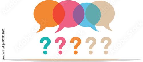 Colorful overlapping speech bubbles and question marks representing communication FAQ support brainstorming session and asking questions concept