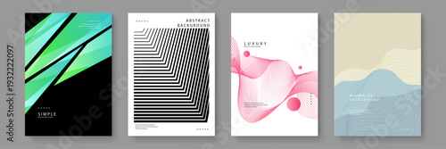 Set of four diverse abstract backgrounds including geometric triangles stripes fluid waves and oriental minimalist patterns for design projects
