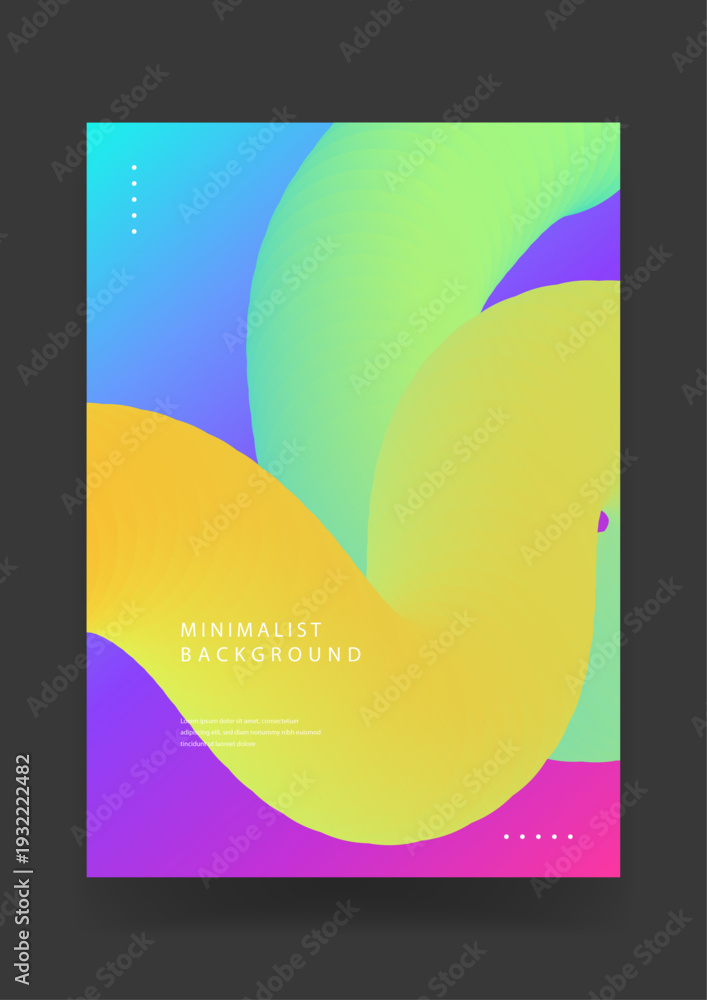 Fototapeta premium Futuristic poster design featuring a large 3D fluid wavy shape with vibrant yellow green and purple gradients on a bright colorful background