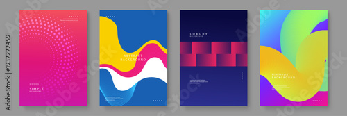 A diverse collection of four creative backgrounds featuring halftone circles colorful waves 3D fluid tubes and geometric blocks for versatile design