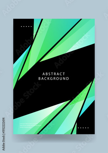 Geometric background design with emerald and lime green crystalline shapes overlaid on a dark black background for a tech feel