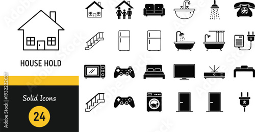 Collection of twenty four household solid icons featuring furniture appliances electronics plumbing home maintenance and family living symbols set