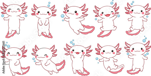 Cute axolotl cartoon vector illustration set with multiple poses and expressions, adorable aquatic salamander characters in playful kawaii style isolated on white