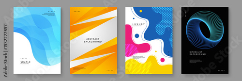 Set of four diverse abstract posters including fluid blue waves orange sharp lines colorful liquid blobs and cyan spiral wireframes