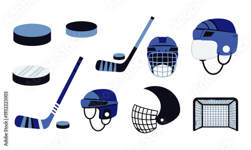 Ice Hockey Equipment Flat Icon Set – Stick, Puck, Helmet and Goal Vector Collection