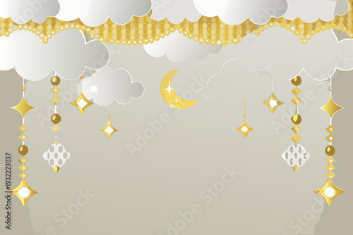 Golden moon and stars hang from fluffy clouds on a gray background