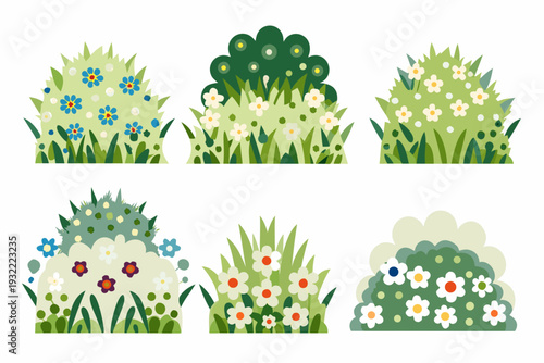 Stylized illustrations of various flowering bushes and shrubs against white