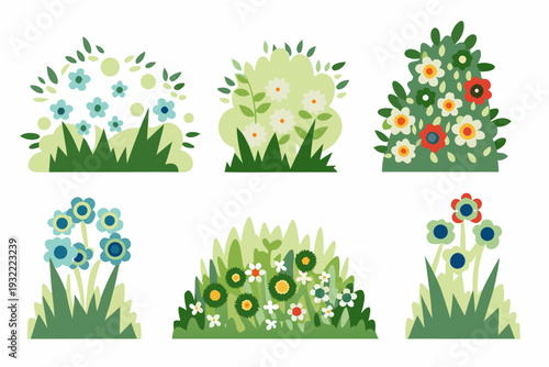 Stylized floral arrangements and blossoming bushes in a flat vector style