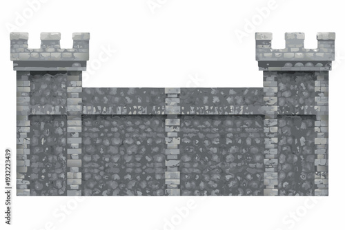 A digitally rendered gray stone castle wall with towers and a gateway