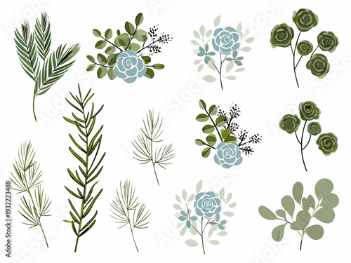 Watercolor botanical arrangement featuring various leaves and succulent flowers