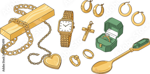 Luxury gold jewelry set featuring necklace with heart pendant wristwatch hoop earrings rings cross and decorative emerald gemstone spoon