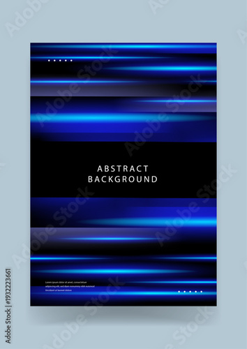 Futuristic horizontal blue neon light trails and speed lines on a dark background representing data fiber optics and high-speed technology movement