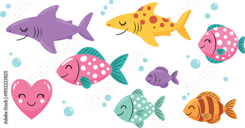 Cute underwater animals vector illustration set with smiling fish, sharks, bubbles, and heart shapes, colorful cartoon sea life elements isolated on white