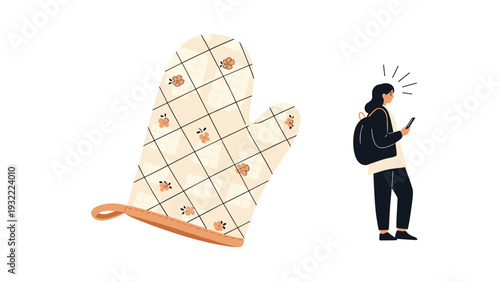 Everyday life icons showing a quilted floral oven mitt and a silhouetted student walking with a backpack while using phone.