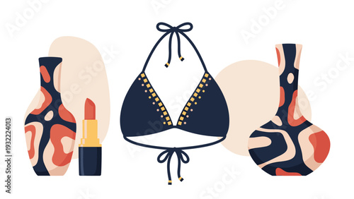 Fashion and lifestyle items including a black bikini top classic red lipstick and two elegant patterned ceramic vases.