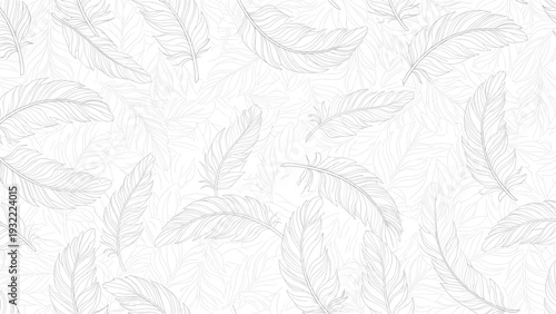Delicate seamless background pattern featuring light grey line art feathers in a soft and airy repetitive design.