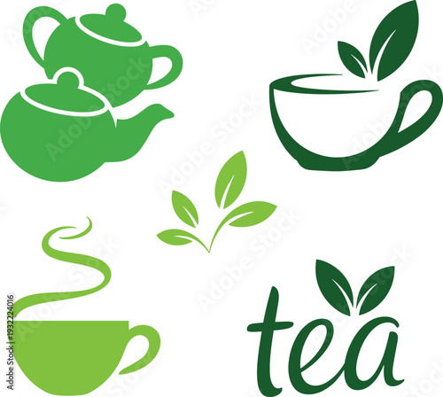 Green tea illustration set, herbal teapot and cup icons, steaming tea leaves design, natural beverage graphics, organic drink artwork